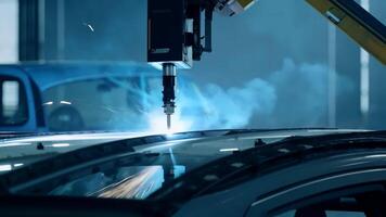 Car manufacturing production line modern assembly welding chassis automotive industry workshop line factory automobile technology research robot arm automation progress precision quality video