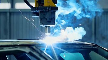 Car manufacturing production line modern assembly welding chassis automotive industry workshop line factory automobile technology research robot arm automation progress precision quality video