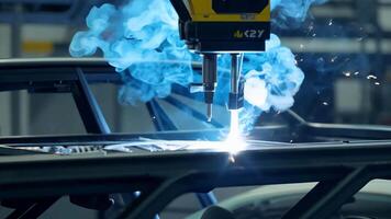 Car manufacturing production line modern assembly welding chassis automotive industry workshop line factory automobile technology research robot arm automation progress precision quality video