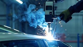Car manufacturing production line modern assembly welding chassis automotive industry workshop line factory automobile technology research robot arm automation progress precision quality video
