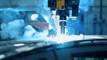 Car manufacturing production line modern assembly welding chassis automotive industry workshop line factory automobile technology research robot arm automation progress precision quality video