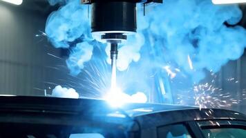 Car manufacturing production line modern assembly welding chassis automotive industry workshop line factory automobile technology research robot arm automation progress precision quality video