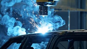 Car manufacturing production line modern assembly welding chassis automotive industry workshop line factory automobile technology research robot arm automation progress precision quality video