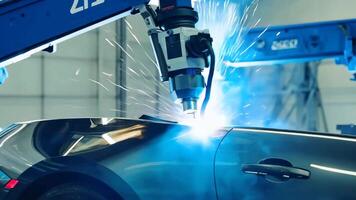 Car manufacturing production line modern assembly welding chassis automotive industry workshop line factory automobile technology research robot arm automation progress precision quality video