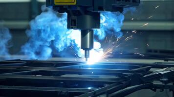Car manufacturing production line modern assembly welding chassis automotive industry workshop line factory automobile technology research robot arm automation progress precision quality video