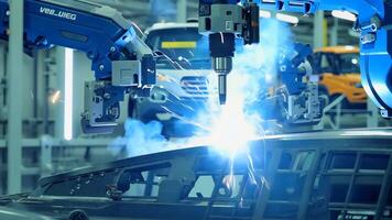 Car manufacturing production line modern assembly welding chassis automotive industry workshop line factory automobile technology research robot arm automation progress precision quality video