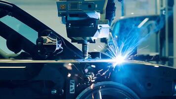 Car manufacturing production line modern assembly welding chassis automotive industry workshop line factory automobile technology research robot arm automation progress precision quality video