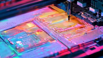 Microchip production printing processor CPU component AI memory storage microelectronics assembly semiconductor technology industry manufacturing computer circuit board equipment video