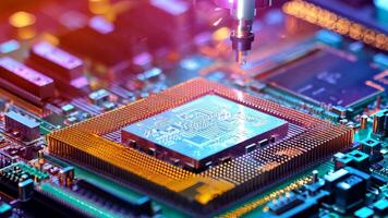Microchip production printing processor CPU component AI memory storage microelectronics assembly semiconductor technology industry manufacturing computer circuit board equipment video