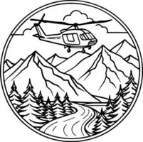 helicopter flying over mountains and river coloring page vector