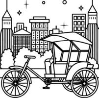 a rickshaw with a city skyline in the background coloring page vector
