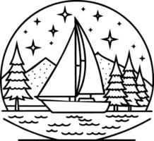 a black and white drawing of a sailboat on the water with trees and mountains vector