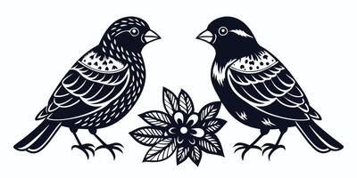two birds are sitting on a branch with leaves vector