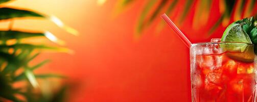 Refreshing cocktail served in a glass with a slice of lime and a straw, set against a vibrant tropical backdrop. photo