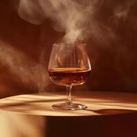 A sophisticated glass of whiskey emits a warm, enticing steam, set against a softly lit backdrop, embodying relaxation and indulgence. photo