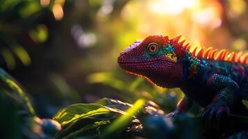 Colorful lizard perched amidst lush greenery, basking in golden sunlight, showcasing vibrant scales and intricate details. photo
