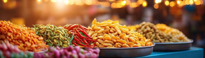 Vibrant market scene showcasing an array of colorful spices and fresh ingredients. Perfect for culinary and food-related projects. photo