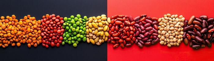 A vibrant array of assorted beans in various colors, showcasing their natural beauty and diversity for culinary inspiration. photo