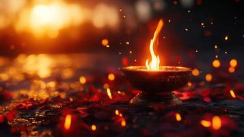 A serene candle flame illuminates a festive scene with petals, capturing tranquility and warmth during a magical sunset. photo