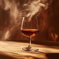 Elegant glass of whiskey with steam rising, set against a warm, ambient background, perfect for capturing cozy moments. photo