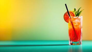 A refreshing cocktail garnished with a slice of orange, set against a vibrant background, perfect for summer vibes. photo