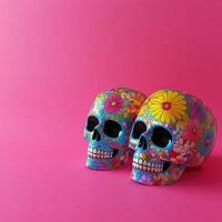 Colorful decorative skulls with vibrant floral patterns against a bright pink background, perfect for artistic and festive themes. photo