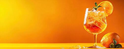 Refreshing orange cocktail served in a glass, garnished with ice and a slice of orange on a vibrant yellow background. photo