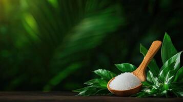 Natural salt in a wooden spoon surrounded by lush green leaves, creating a fresh and vibrant culinary atmosphere. photo