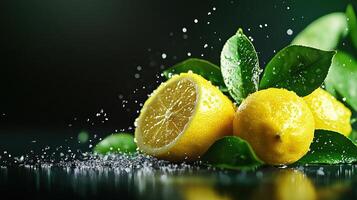 Vibrant lemons with fresh leaves, splashed with water droplets, showcasing freshness and zest in a beautiful, artistic presentation. photo