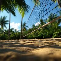 A tranquil beach scene featuring a volleyball net surrounded by lush palm trees, perfect for summer sports and tropical vacations. photo