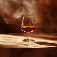 A sophisticated glass of whiskey sits elegantly on a table, surrounded by warm tones and soft, smoky lighting. photo