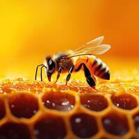 A close-up view of a bee on honeycomb, showcasing intricate details and vibrant colors of nature's sweet creation. photo