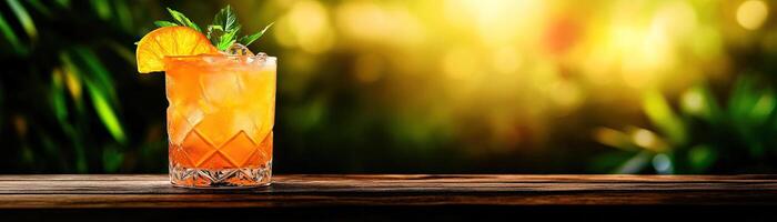 A refreshing cocktail on a wooden table with vibrant colors and a blurred background, perfect for summer vibes. photo