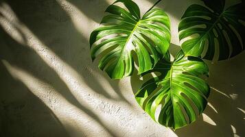 Closeup of Monstera leaves with dramatic shadows on a sunlit wall, highlighting the natural textures and shapes, minimalistic and serene photo