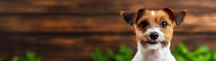 Cute dog with brown and white fur posing against a rustic wooden background, perfect for pet lovers and animal photography. photo
