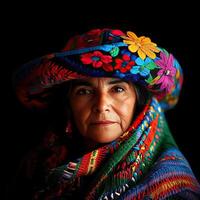 Portrait of a woman in traditional vibrant attire and a decorated hat, showcasing cultural heritage and timeless beauty. photo