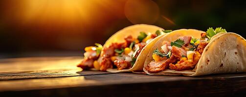 Delicious tacos filled with savory ingredients, garnished with fresh herbs, perfect for food lovers and culinary enthusiasts. photo