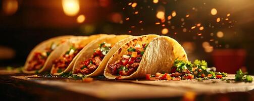Delicious tacos filled with fresh ingredients, served on a rustic wooden table. Perfect for food lovers and culinary enthusiasts. photo