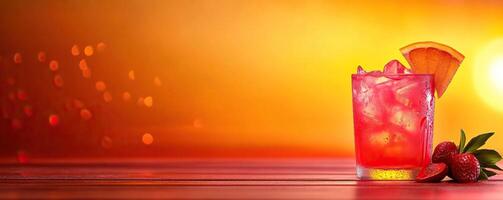 Vibrant cocktail glass with ice, garnished with orange slice and strawberries, set against a warm sunset background. photo