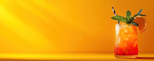 A refreshing cocktail in a glass with ice, garnished with mint leaves and a slice of orange, set against a vibrant yellow background. photo