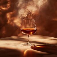 A captivating glass of warm beverage with steam rising, set against a moody background. Perfect for cozy atmospheres. photo