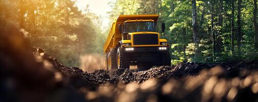 A powerful yellow dump truck traverses a sunlit forest road, showcasing heavy machinery in action amidst nature's beauty. photo