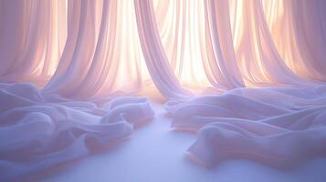 Flowing white curtains illuminated by soft light, creating a dreamy, serene space filled with tranquility and lightness photo