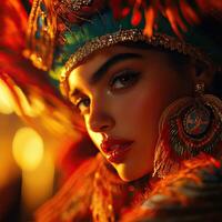 A captivating portrait of a woman adorned in vibrant feathers and intricate accessories, showcasing cultural beauty and elegance. photo