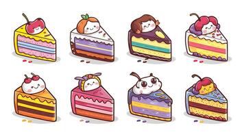 Cute and Colorful Cake Slice Illustrations, A Playful Set with Different Flavors and Emoji Expressions vector