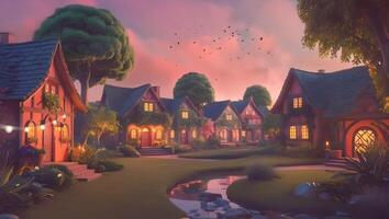 A quaint street lined with cozy, ivy-covered houses at dusk, glowing warmly under the twilight sky. The serene atmosphere is enhanced by the soft, ambient lighting from the homes video