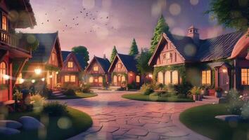 A quaint street lined with cozy, ivy-covered houses at dusk, glowing warmly under the twilight sky. The serene atmosphere is enhanced by the soft, ambient lighting from the homes video