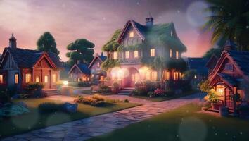 une pittoresque rue doublé avec confortable, couvert de lierre Maisons à crépuscule, embrasé chaleureusement en dessous de le crépuscule ciel. le serein atmosphère est renforcée par le doux, ambiant éclairage de le maisons video
