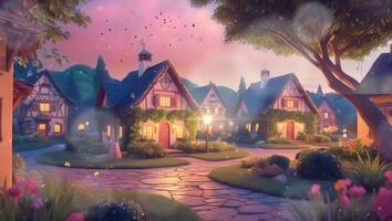une pittoresque rue doublé avec confortable, couvert de lierre Maisons à crépuscule, embrasé chaleureusement en dessous de le crépuscule ciel. le serein atmosphère est renforcée par le doux, ambiant éclairage de le maisons video