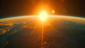 Planet earth space astronomy cinematic background science exploration orbit glowing sun glimpse flare glare sunlight rays satellite global world view illuminated stars planets connection video